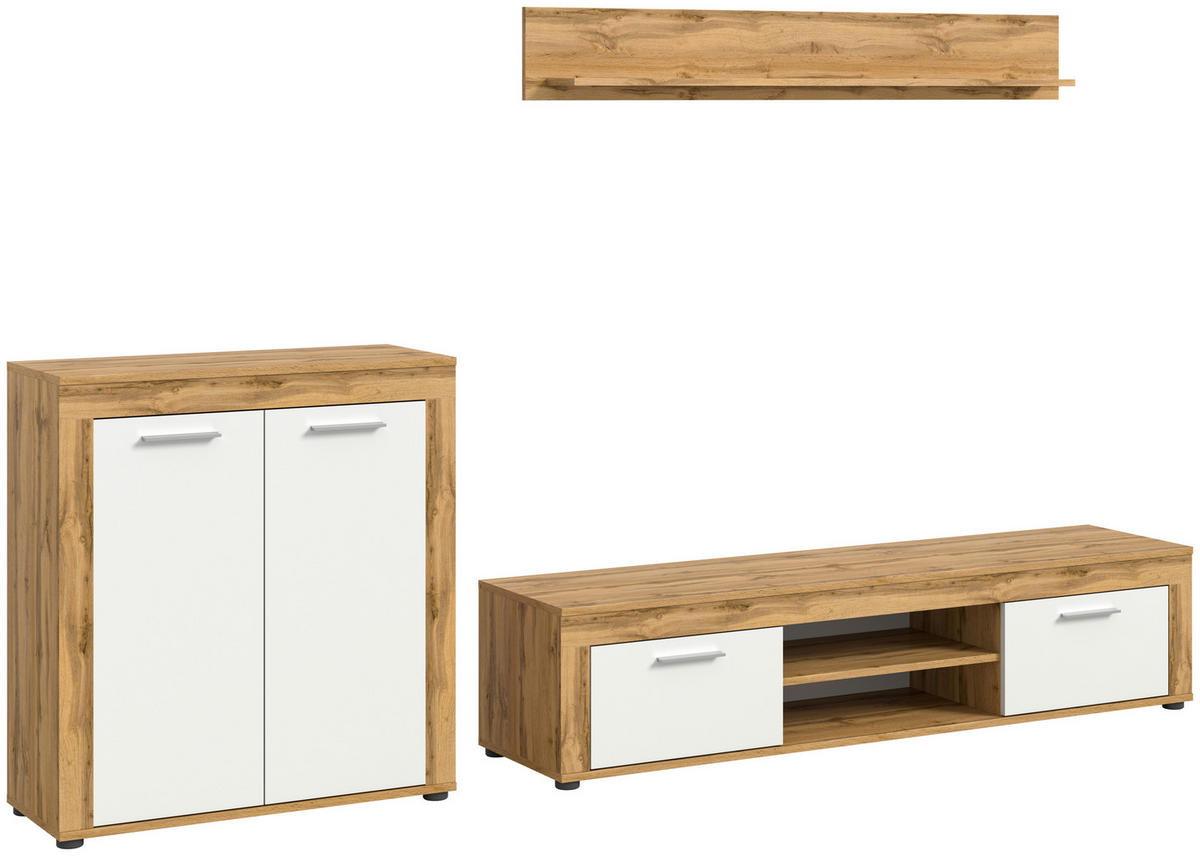 Wohnwand Jam Eiche Wotan Nachbildung weiß B/H/T: ca. 255x159x35 cm Jam - Eiche/weiß (255,00/159,00/35,00cm) - xonox.home