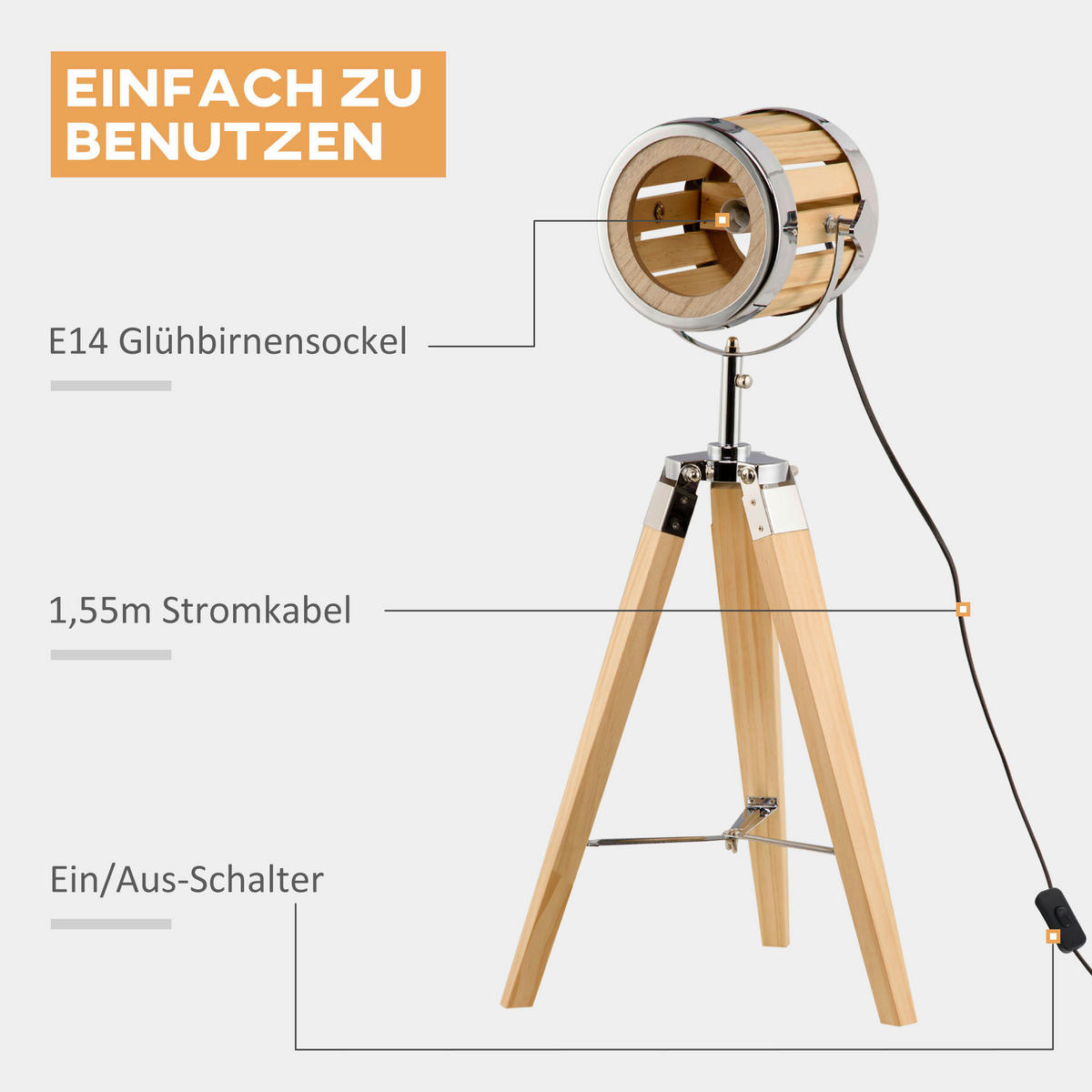 HOMCOM Tischleuchte Tischleuchte B31-383 - natur/silber (30,00/68,00/30,00cm) - HOMCOM