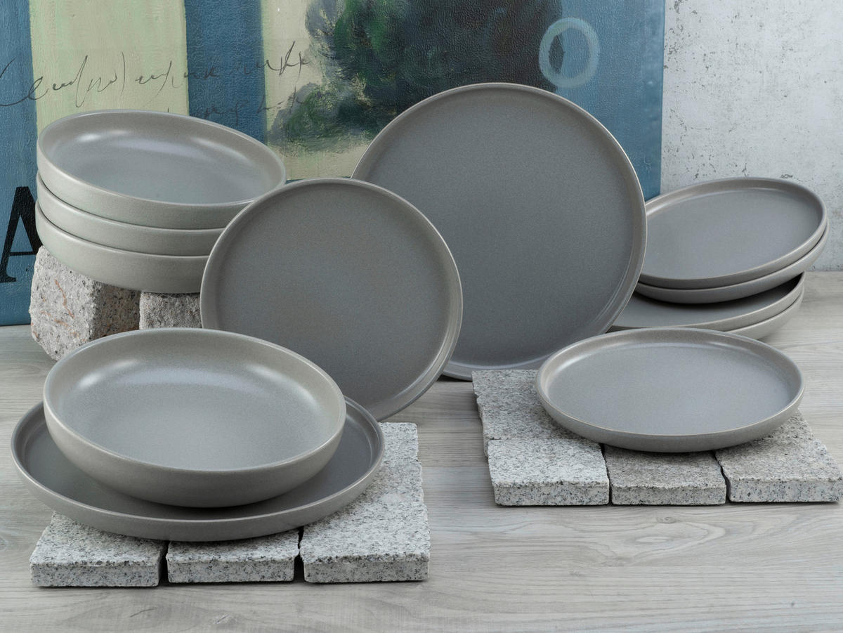CreaTable Tafelservice Uno grau Steinzeug 12 tlg. Uno - grau - CreaTable