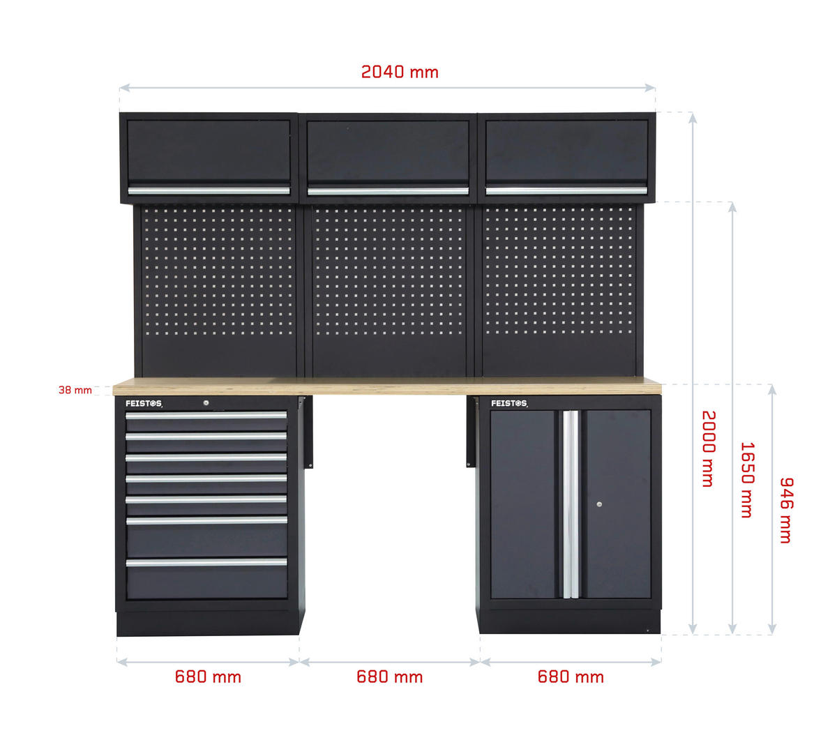 Werkstatteinrichtung Apollo anthrazit B/H/L: ca. 204x200x46 cm Apollo - schwarz/anthrazit (46,00/204,00/200,00cm) - Feistos