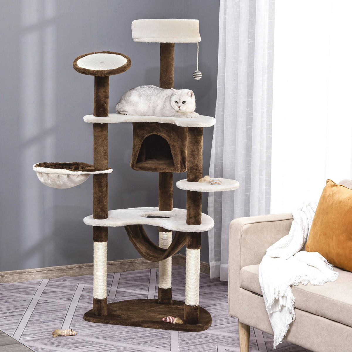 PawHut Katzenbaum braun Sisal B/H/L: ca. 50x153x65 cm Katzenbaum - braun/cremeweiß (65,00/50,00/153,00cm) - PawHut