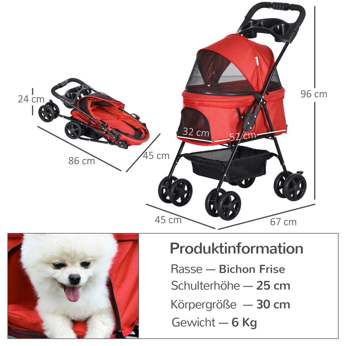 PawHut Hunde-Zubehör rot Polypropylen B/H/L: ca. 45x67x96 cm Hundewagen - rot (96,00/45,00/67,00cm) - PawHut