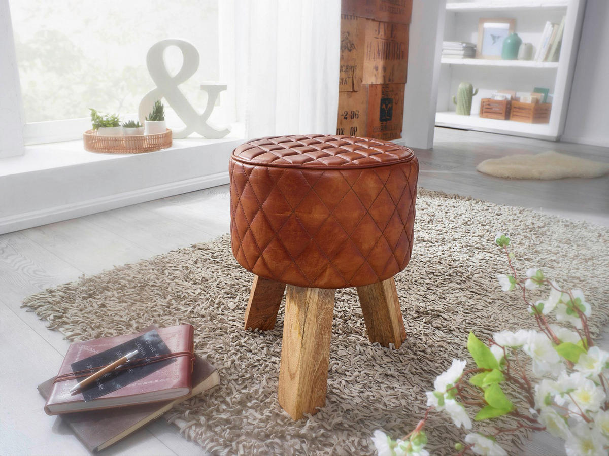 Wohnling Sitzhocker braun natur Leder Echtholz B/H/T: ca. 35x46x35 cm Sitzhocker - braun/natur (35,00/46,00/35,00cm) - Wohnling