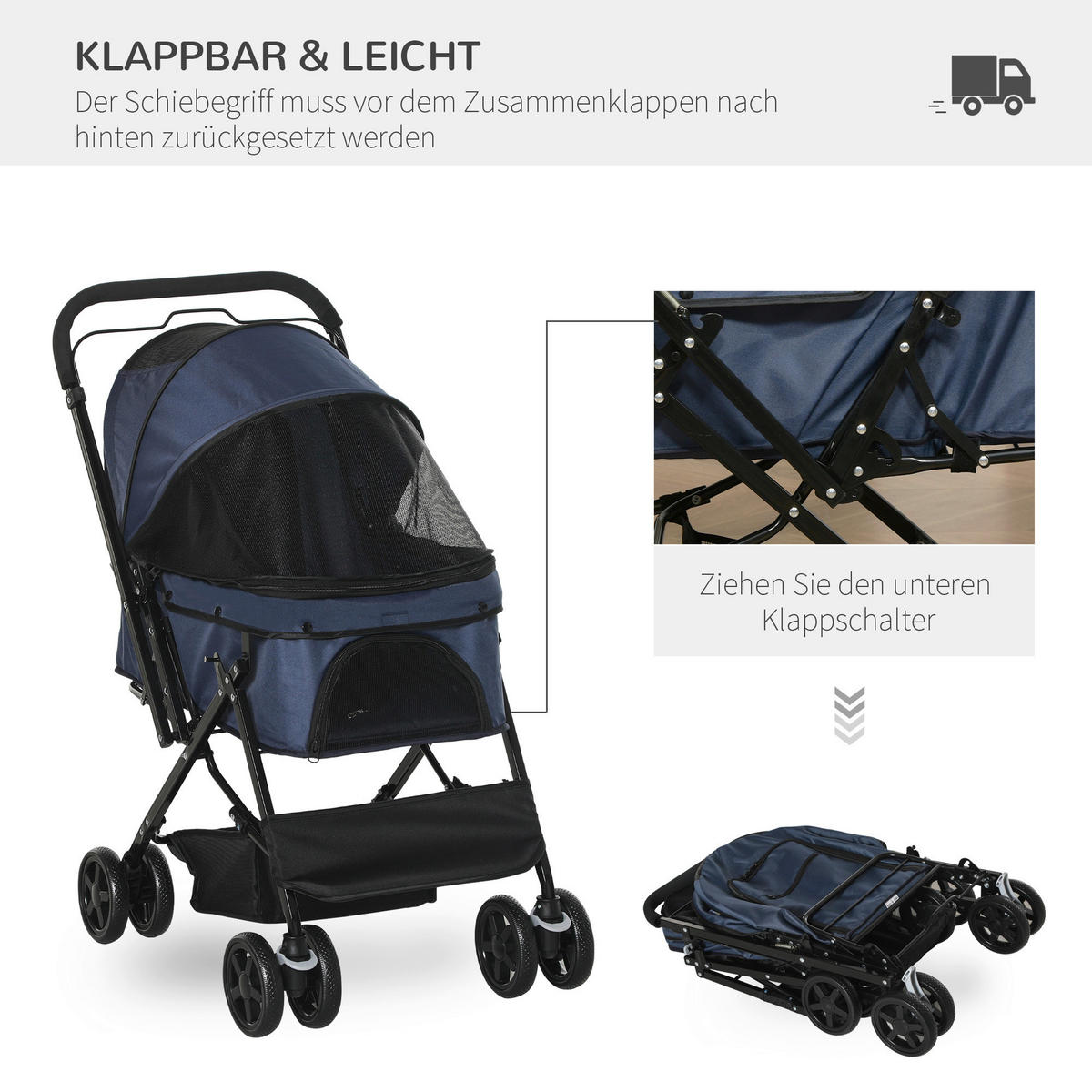 PawHut Hunde-Zubehör blau Polyester B/H/L: ca. 52x76,5x95 cm Hundebuggy - blau (95,00/52,00/76,50cm) - PawHut
