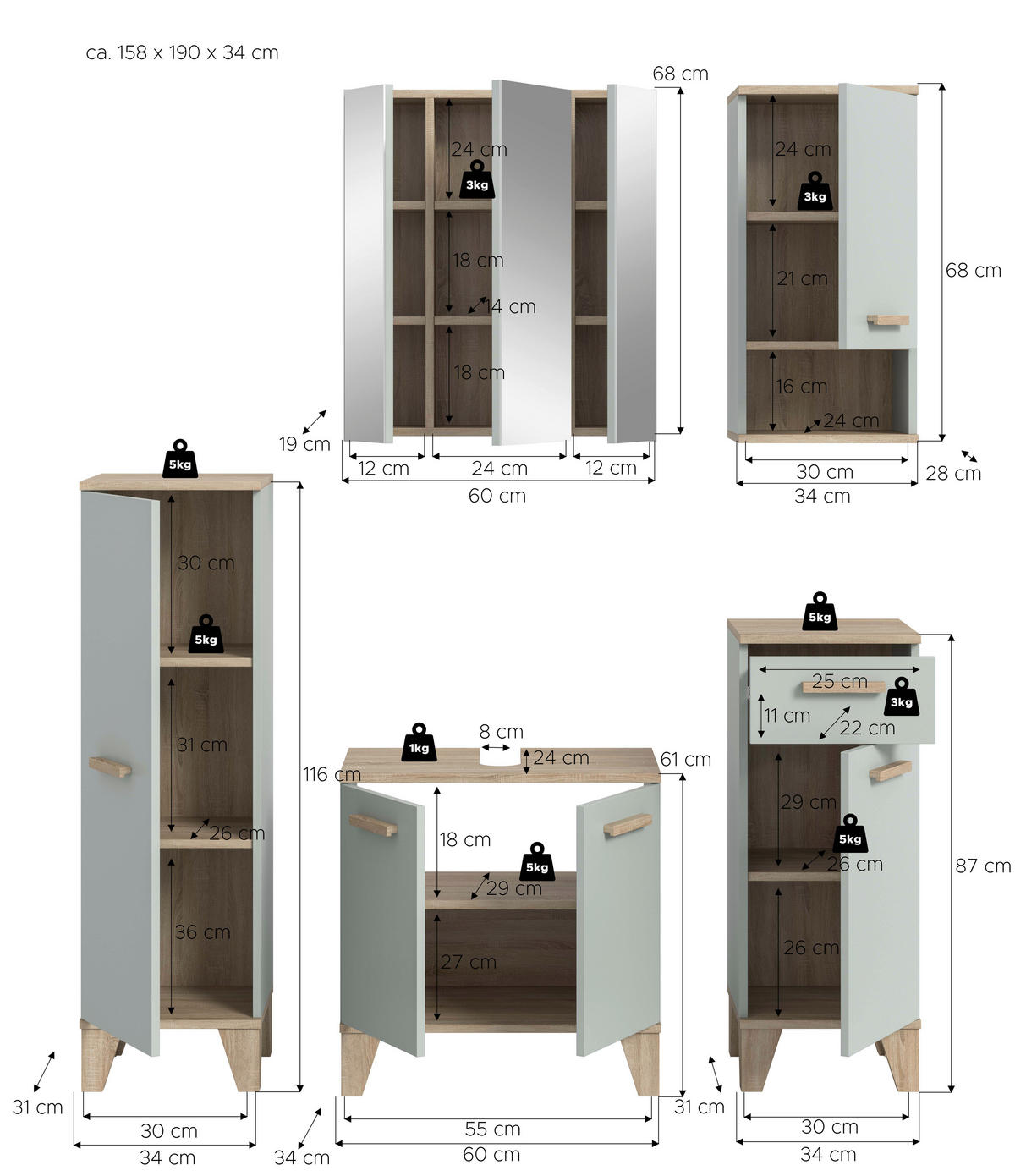 Badezimmer-Set STAR hellgrün Eiche hell Nachbildung B/H/T: ca. 158x190x34 cm STAR - hellgrün (158,00/190,00/34,00cm) - xonox.home