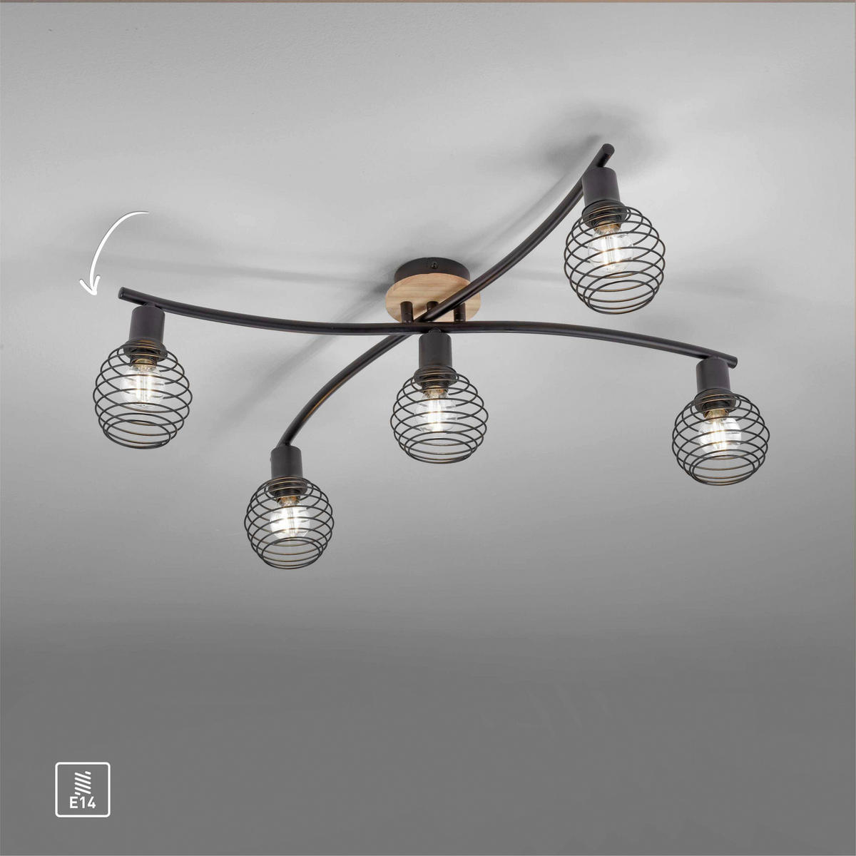 Just Light Deckenleuchte 15925-79  Eugen natur schwarz Aluminium Holzwerkstoff B/H/L: ca. 67x20x70 cm 5 Brennstellen Deckenleuchte_Eugen - natur/schwarz (70,00/67,00/20,00cm) - Just Light