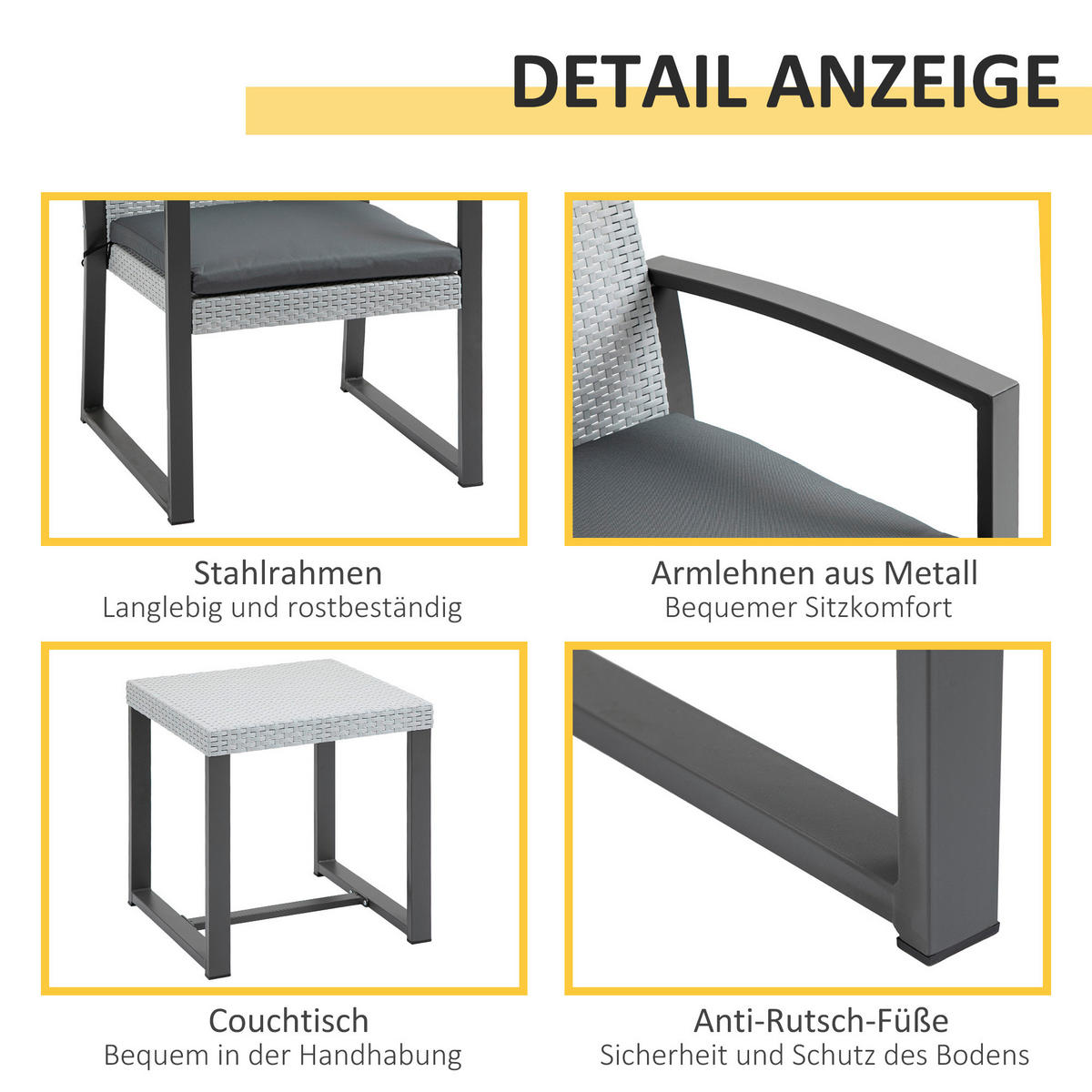 Outsunny Sitzgruppe schwarz Kunststoff B/H/L: ca. 58x58x84 cm Gartenmöbelset - schwarz/grau (84,00/58,00/58,00cm) - Outsunny