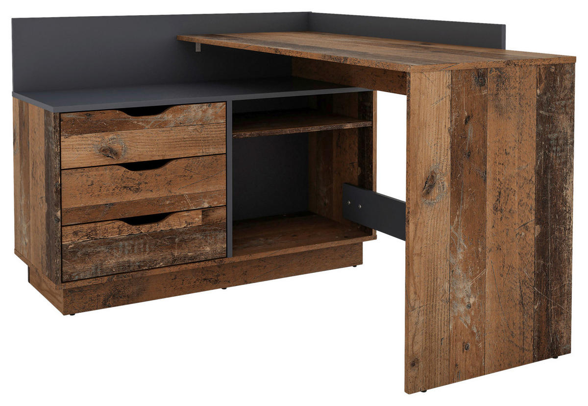 Winkelschreibtisch BELFAST anthrazit Eiche Old Wood Nachbildung B/H/T: ca. 129x83,5x105 cm BELFAST - Eiche/anthrazit (129,00/83,50/105,00cm) - byLIVING