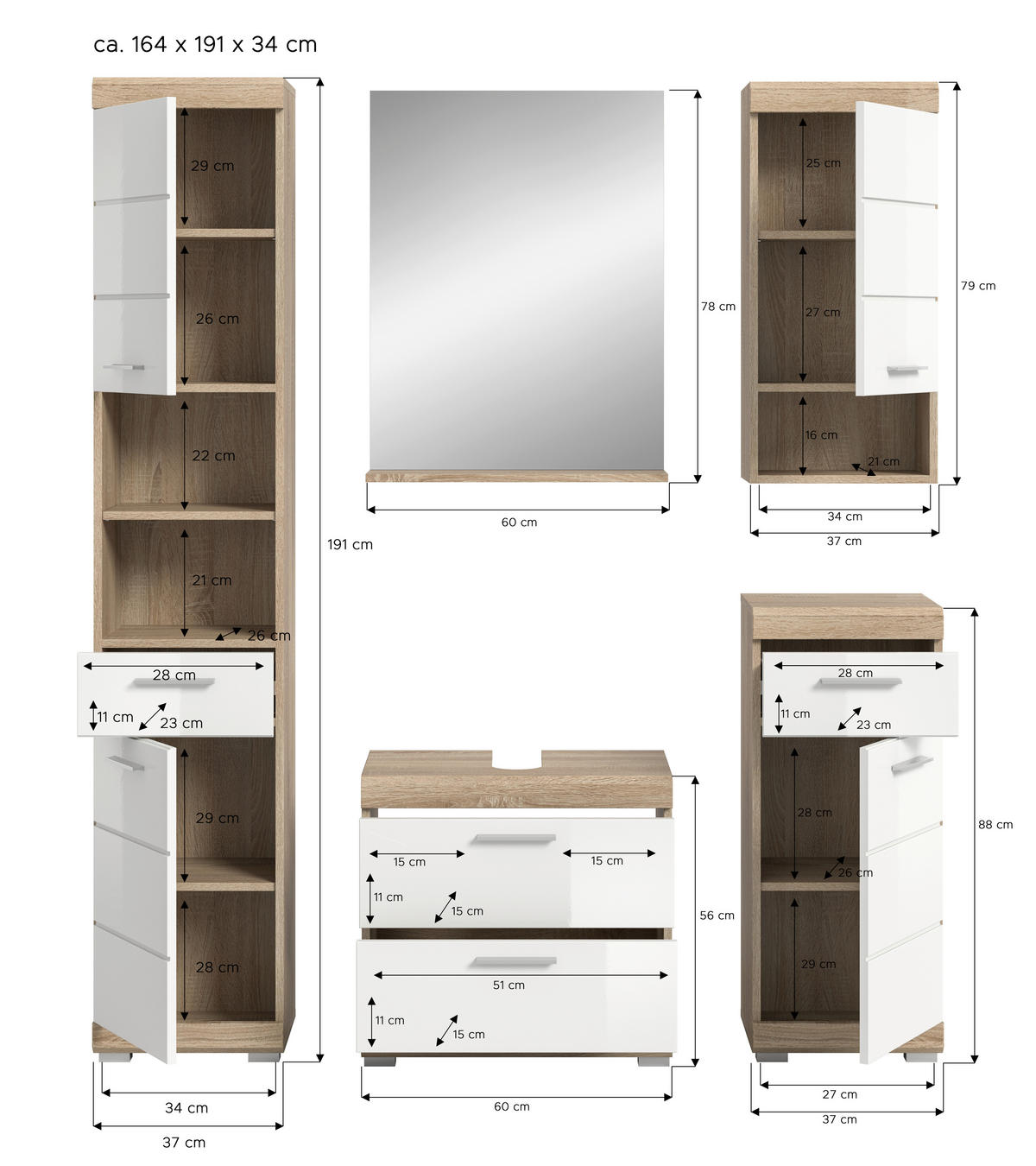 Badezimmer-Set Lambada Eiche Sonoma Nachbildung weiß Hochglanz B/H/T: ca. 164x191x37 cm Lambada - Eiche/weiß (164,00/191,00/37,00cm) - xonox.home