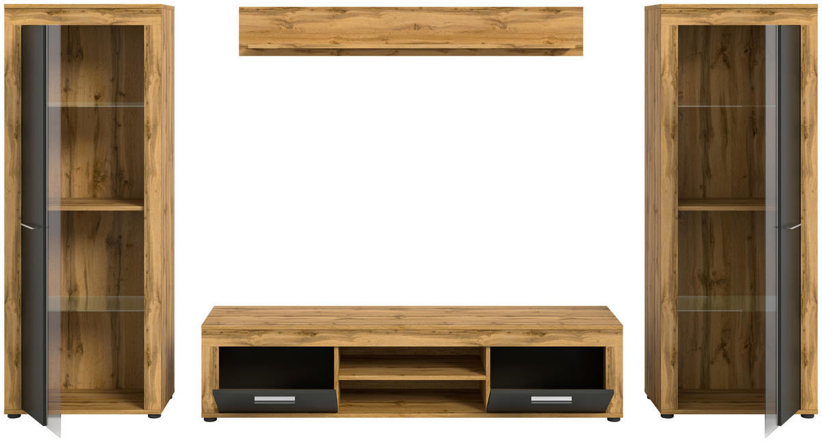 Wohnwand Jam Eiche Wotan Nachbildung grau B/H/T: ca. 310x159x35 cm Jam - Eiche/grau (310,00/159,00/35,00cm) - xonox.home