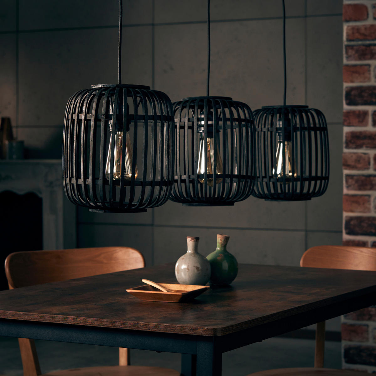 Brilliant Pendelleuchte Woodrow 93778/76 natur schwarz Bambus Metall B/H/T: ca. 105x125x21,5 cm E27 3 Brennstellen Pendelleuchte Woodrow 93778/76 - natur/schwarz (105,00/125,00/21,50cm) - Brilliant