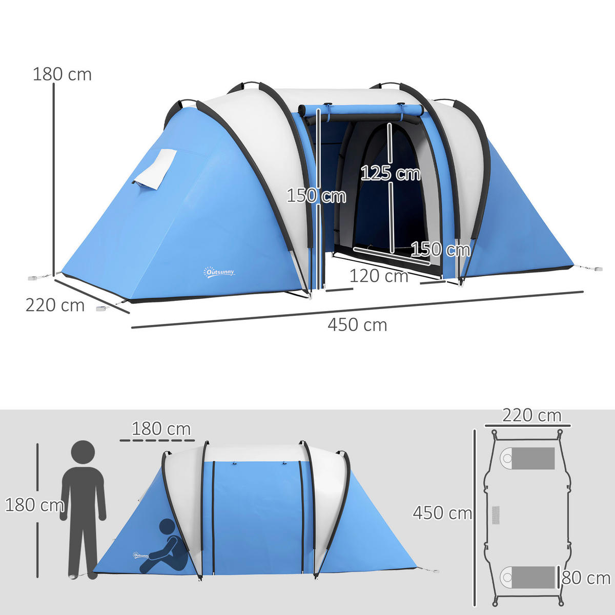 Outsunny Tunnelzelt B/H/L: ca. 220x180x450 cm Tunnelzelt - blau (450,00/220,00/180,00cm) - Outsunny