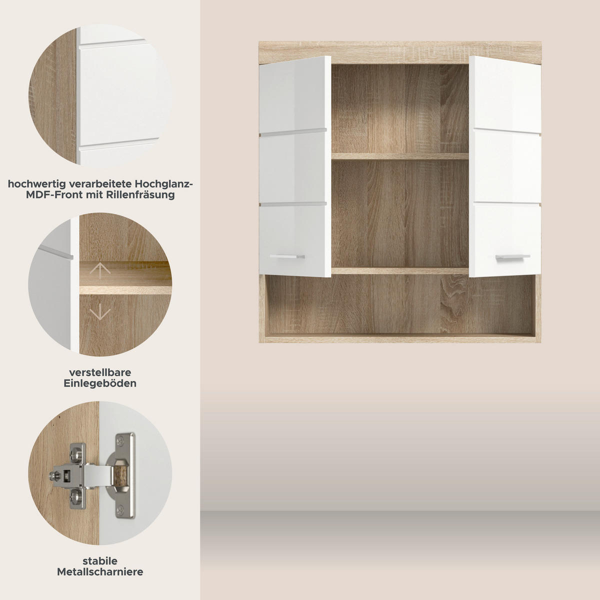 Badhängeschrank Lambada Eiche Sonoma Nachbildung weiß Hochglanz B/H/T: ca. 74x79x24 cm Lambada - Eiche/weiß (74,00/79,00/24,00cm) - xonox.home