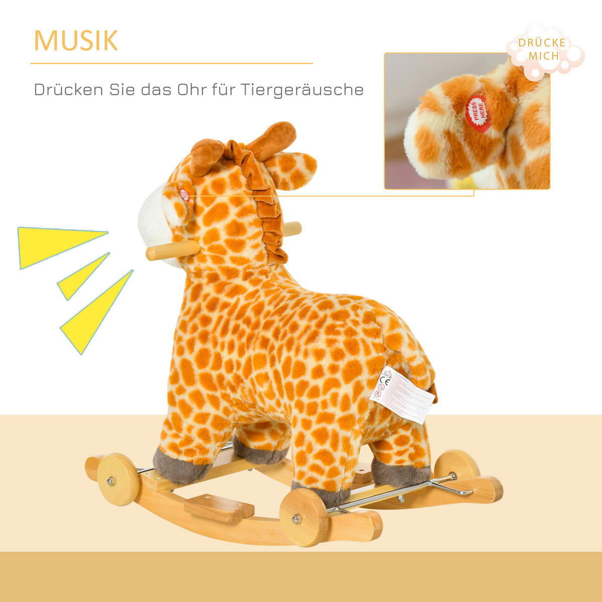 HOMCOM Schaukeltier B/H/L: ca. 38x63x63 cm Schaukeltier - gelb (63,00/38,00/63,00cm) - HOMCOM