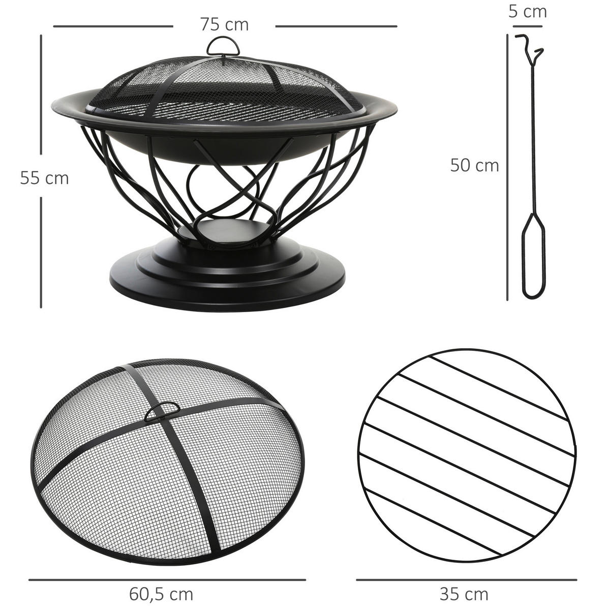Outsunny Feuerschale schwarz Metall B/H/L: ca. 75x55x75 cm Feuerschale - schwarz (75,00/75,00/55,00cm) - Outsunny