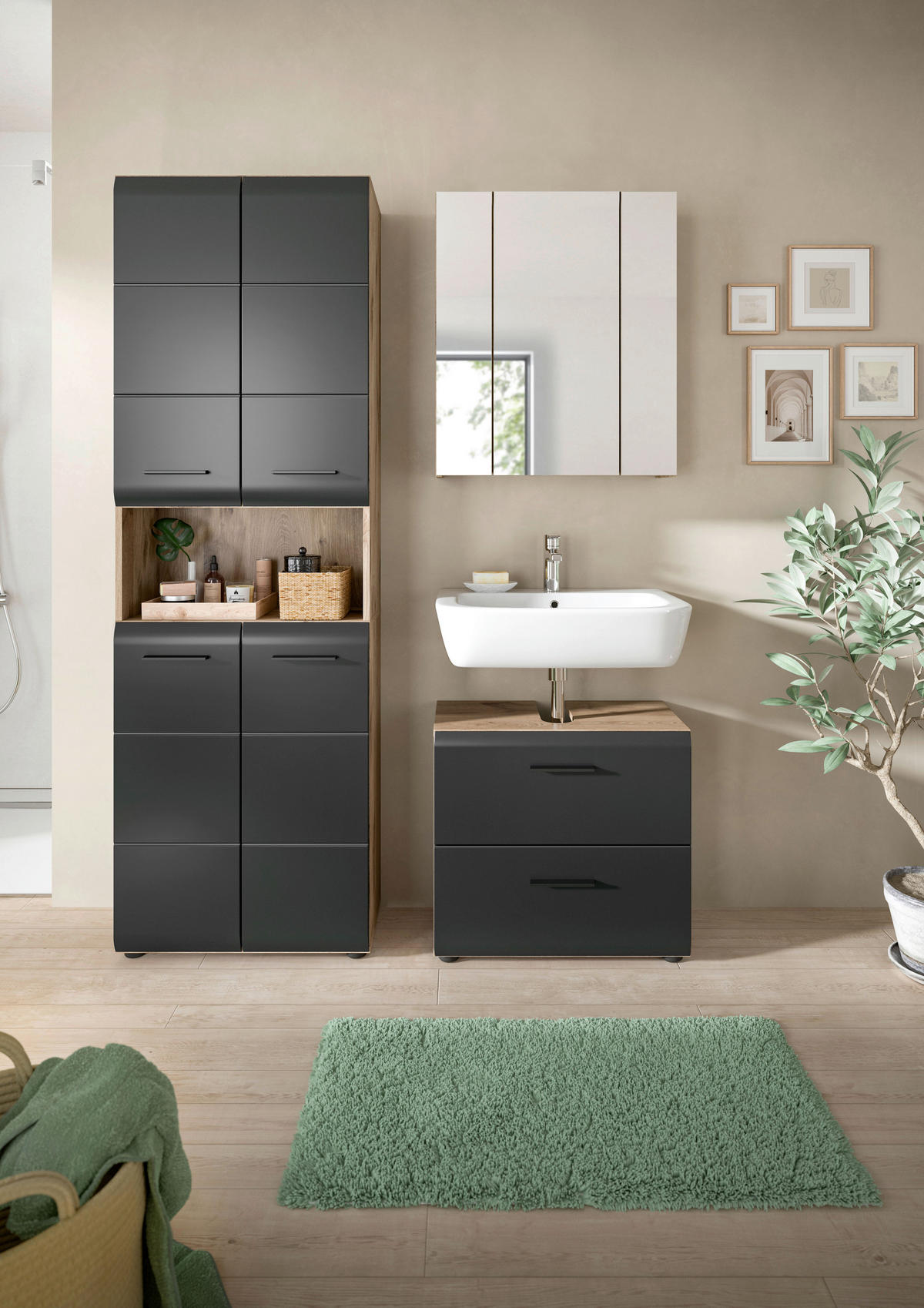 Badezimmer-Set Ice Nox Oak Nachbildung schwarz matt B/H/T: ca. 135x185x30 cm Ice - schwarz (135,00/185,00/30,00cm) - xonox.home