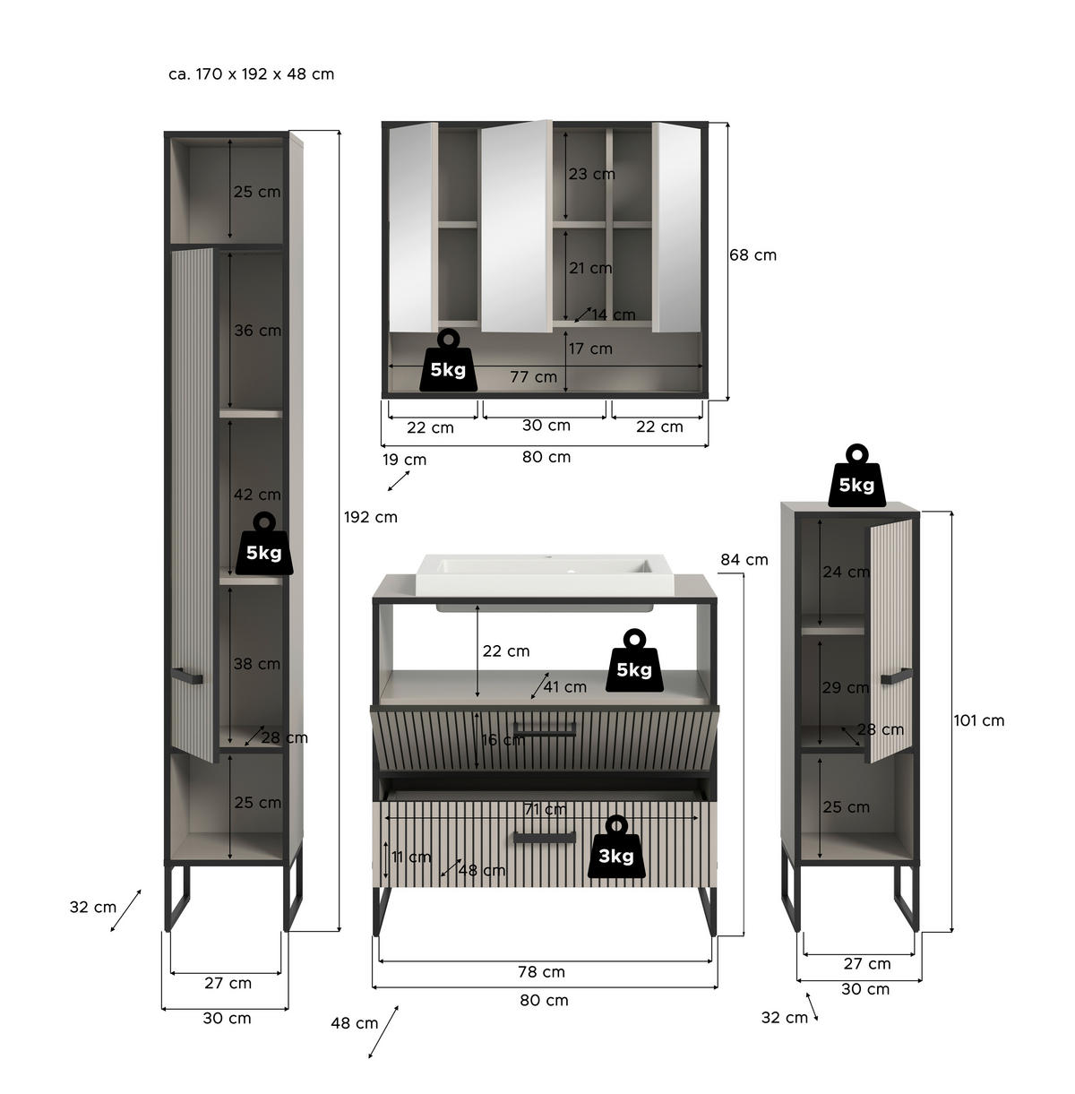 Badezimmer-Set BAGNO schwarz Kaschmirgrau Nachbildung B/H/T: ca. 170x192x48 cm BAGNO - schwarz (170,00/192,00/48,00cm) - xonox.home