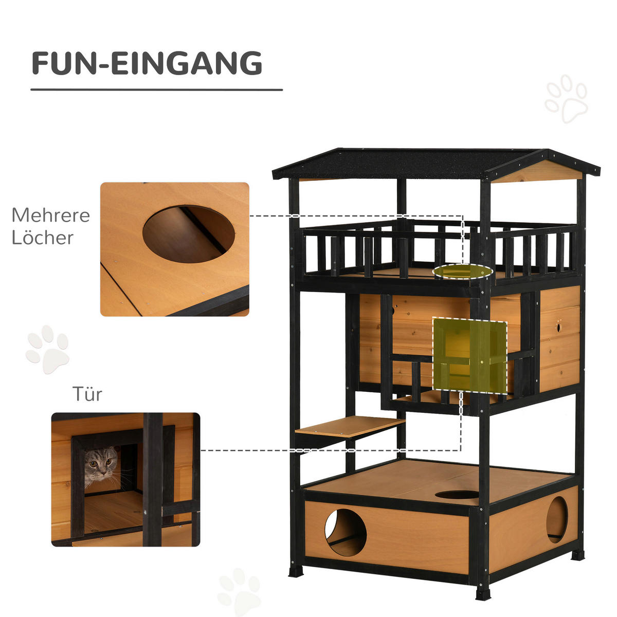 PawHut Katzenhaus schwarz Holz B/H/L: ca. 75x137x75,5 cm Katzenhaus - gelb/schwarz (75,50/75,00/137,00cm) - PawHut