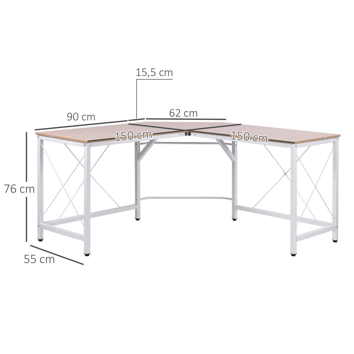 Computertisch 836-122AK natur weiß B/H/L: ca. 150x76x150 cm 836-122AK - weiß/natur (150,00/150,00/76,00cm) - HOMCOM