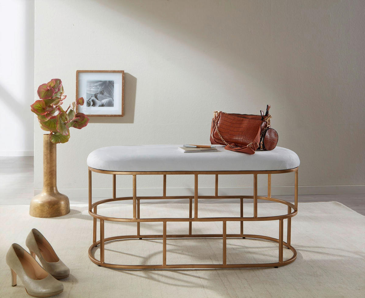 Sitzhocker gold weiß Samt Eisen B/H/T: ca. 90x46x38 cm Sitzbank - gold/weiß (90,00/46,00/38,00cm) - Wohnling