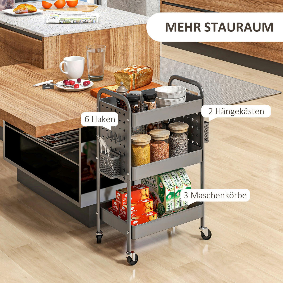 HOMCOM Küchenwagen dunkelgrau Polypropylen B/H/L: ca. 30,5x53,5x75 cm Küchenwagen - dunkelgrau (75,00/30,50/53,50cm) - HOMCOM
