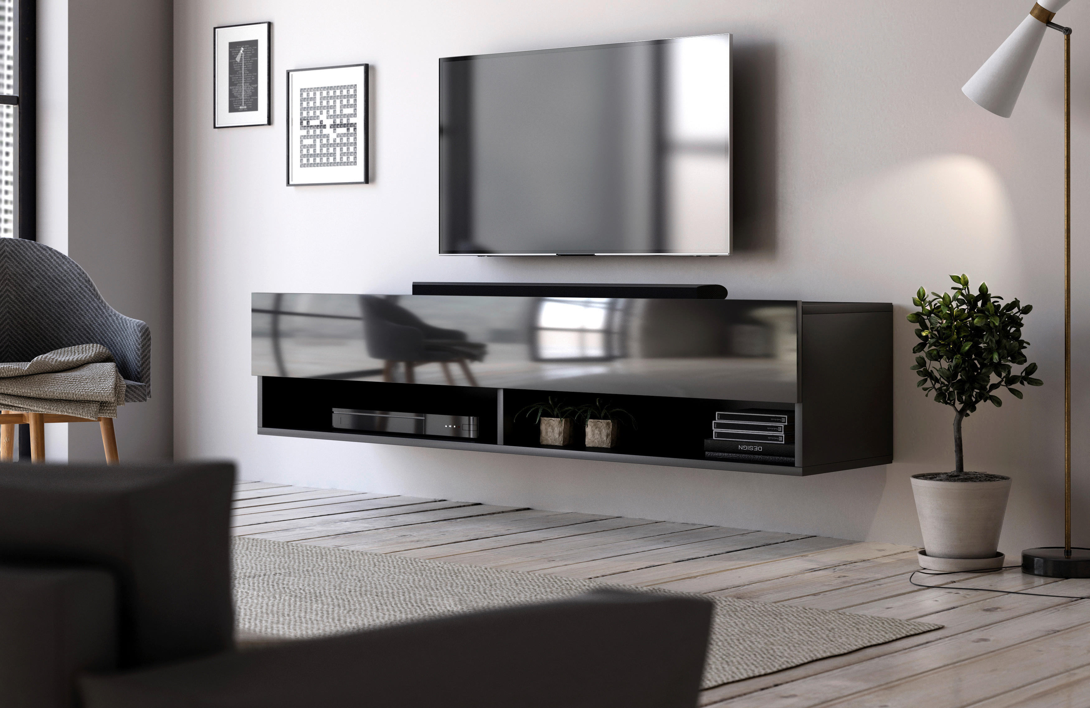 TV-Board Derby schwarz matt schwarz glänzend B/H/T: ca. 140x30x31 cm Derby - schwarz (140,00/30,00/31,00cm) - WIPMEB