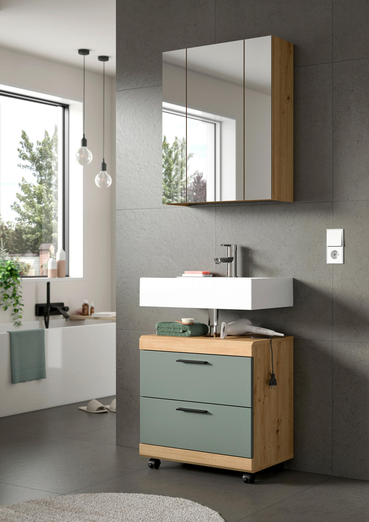 Waschbeckenunterschrank Scout Eiche Artisan Nachbildung salbei Nachbildung B/H/T: ca. 60x56x37 cm Scout - Eiche/salbei (60,00/56,00/37,00cm) - xonox.home