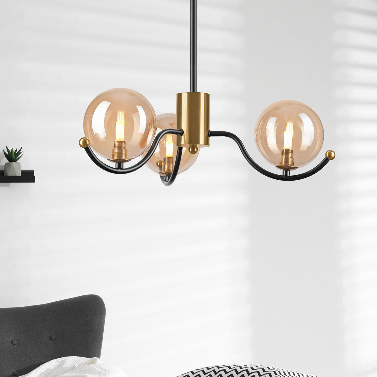 Lamkur Pendelleuchte GEORGIA 49274 schwarz gold Stahl Glas H/L: ca. 48,5x48 cm E27 3 Brennstellen Georgia - gold/schwarz (48,00cm) - Lamkur