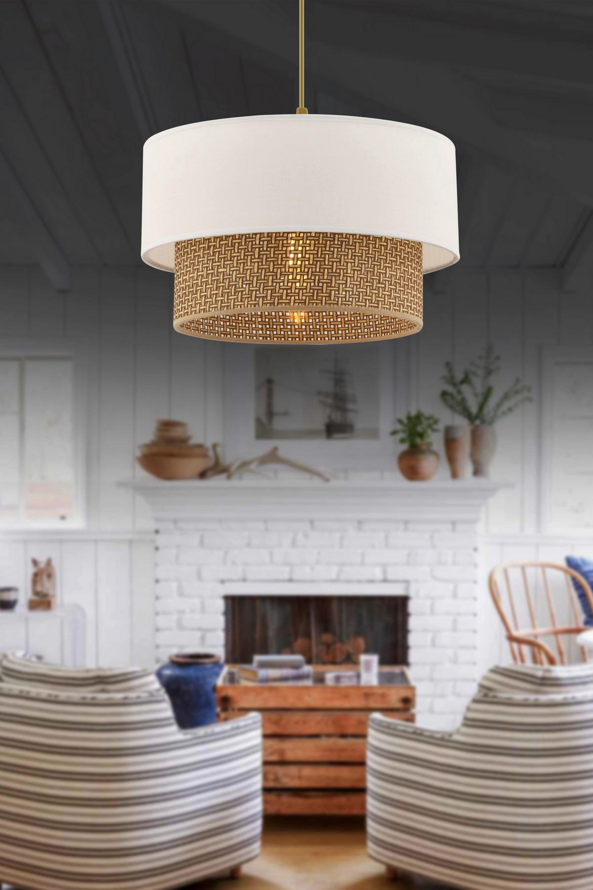 Opviq Pendelleuchte Echo weiß beige Baumwolle B/H/T/L/D: ca. 30x65x30x30x30 cm E27 1 Brennstellen Echo - beige/weiß (30,00/30,00/65,00cm) - Opviq