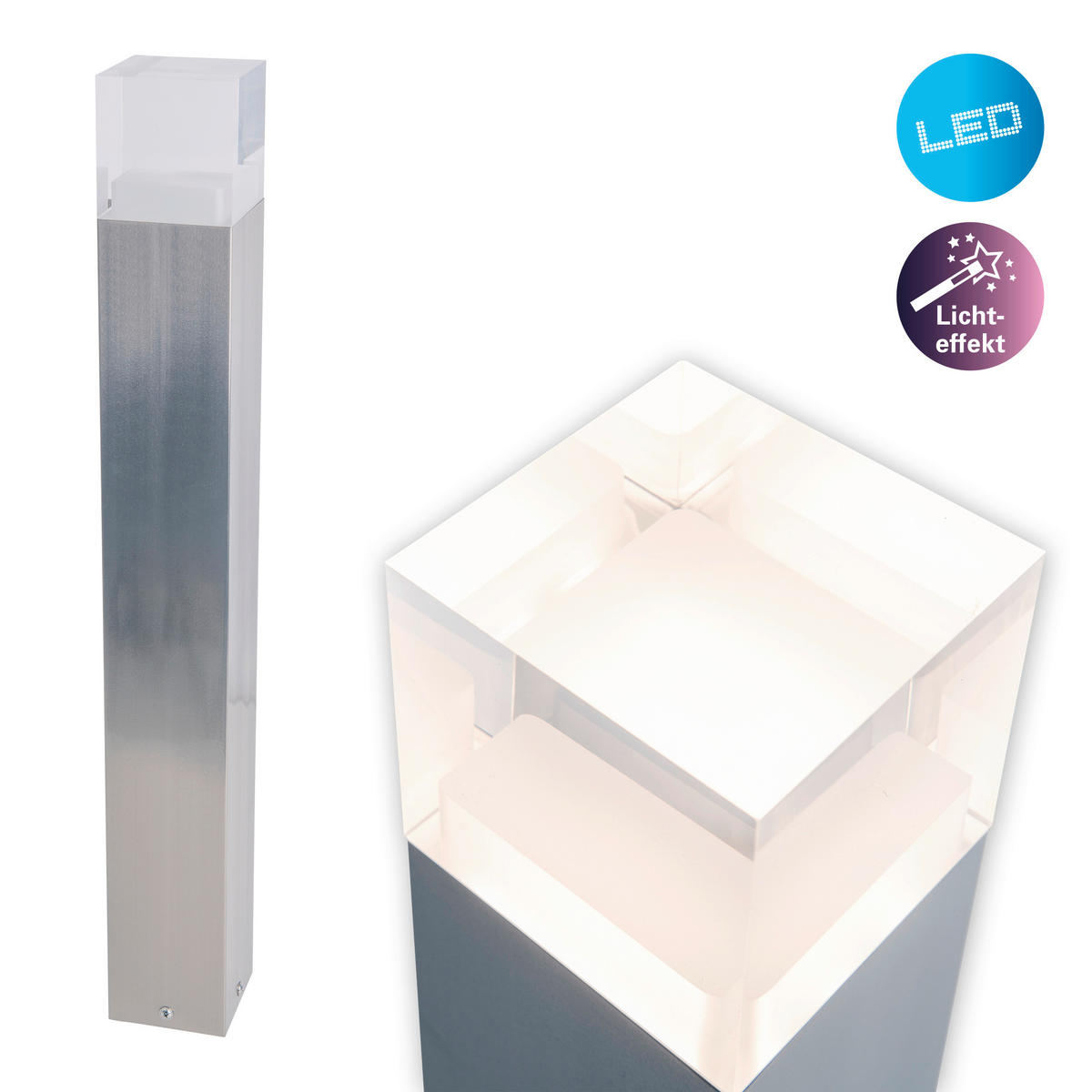 Näve Leuchten LED-Außensockelleuchte 2096050 silber Edelstahl Kunststoff B/H/L: ca. 8x62x8 cm LED Außensockelleuchte Leah mit LED - silber (8,00/8,00/62,00cm) - Näve Leuchten