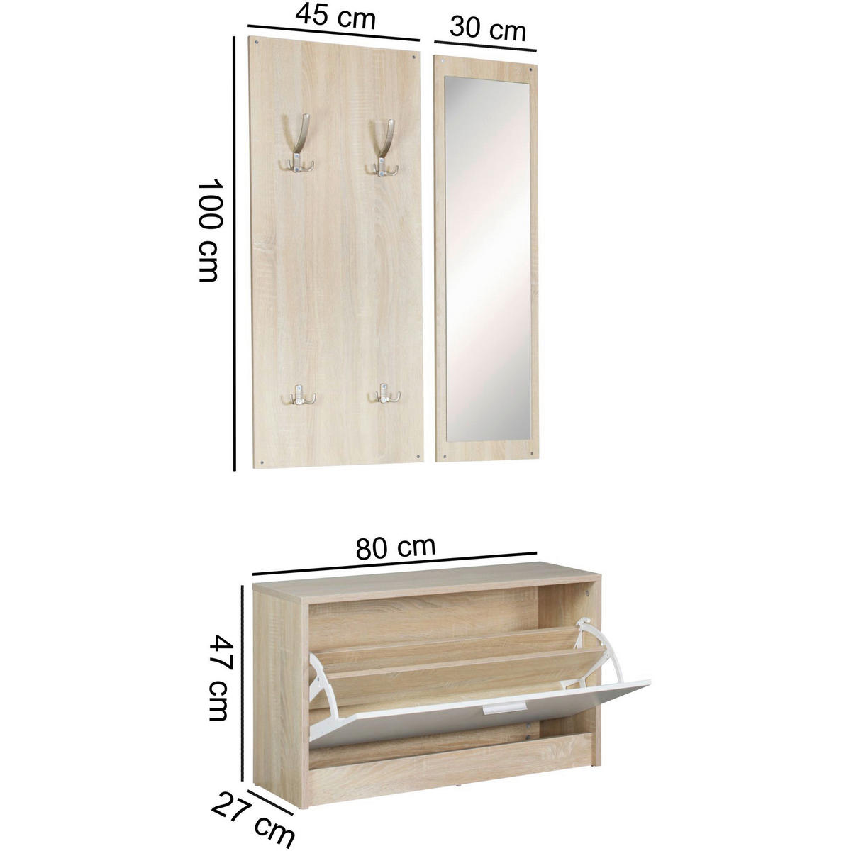 Garderobe Eiche Sonoma Nachbildung weiß B/T: ca. 80x27 cm Garderobe mit Spiegel - Eiche/weiß (80,00/27,00cm) - Wohnling