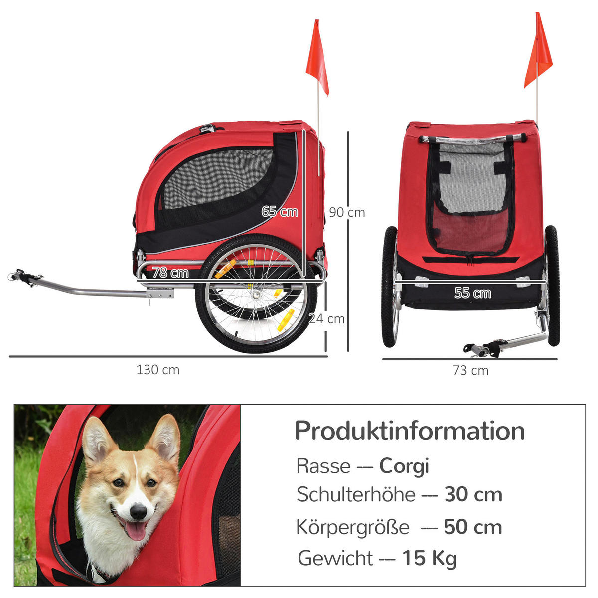 PawHut Fahrradanhänger rot rot B/H/L: ca. 73x90x130 cm Fahrradanhänger - rot/schwarz (130,00/73,00/90,00cm) - PawHut