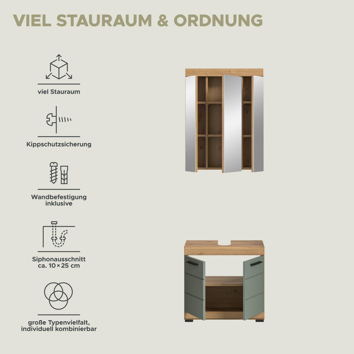 Badezimmer-Set Scout Eiche Artisan Nachbildung salbei Nachbildung B/H/T: ca. 60x191x34 cm Scout - Eiche/salbei (60,00/191,00/34,00cm) - xonox.home