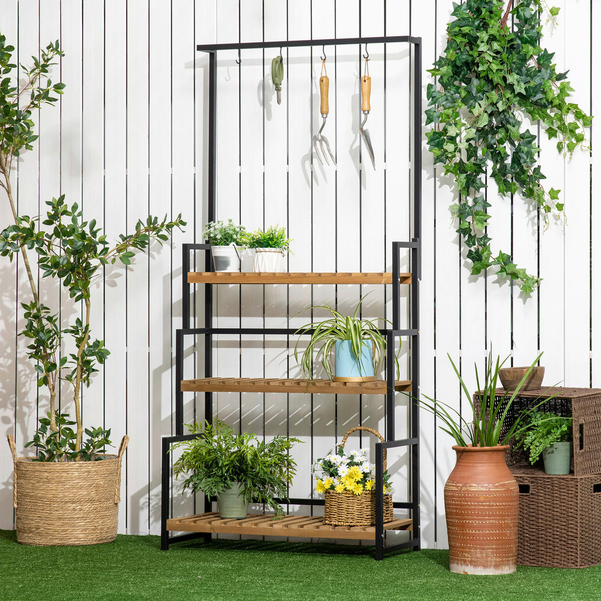 Outsunny Blumenständer natur Holz B/H/L: ca. 36x174x80 cm Blumenständer - natur/schwarz (80,00/36,00/174,00cm) - Outsunny