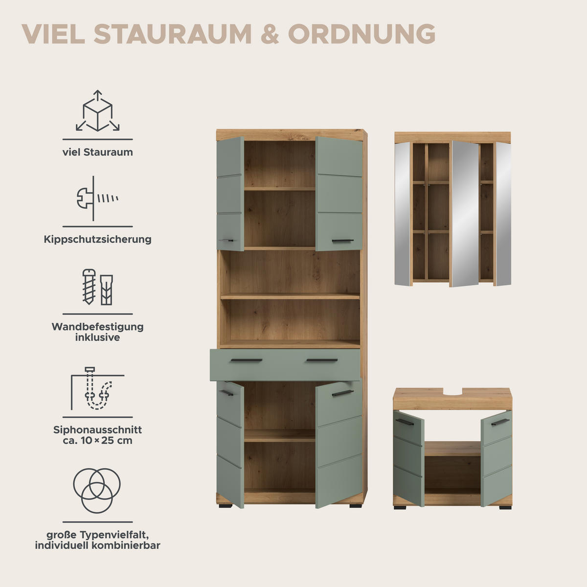 Badezimmer-Set Scout Eiche Artisan Nachbildung salbei Nachbildung B/H/T: ca. 149x34x191 cm Scout - Eiche/salbei (149,00/34,00/191,00cm) - xonox.home