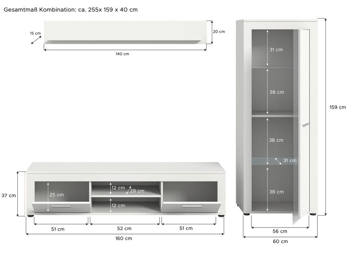 Wohnwand Jam weiß B/H/T: ca. 235x159x35 cm Jam - weiß (235,00/159,00/35,00cm) - xonox.home