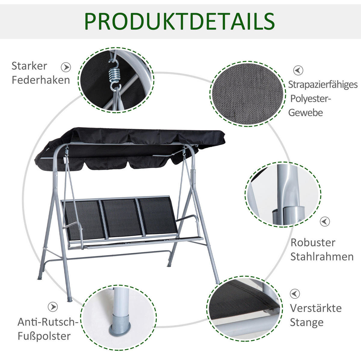Outsunny Hollywoodschaukel schwarz Metall B/H/L: ca. 110x153x170 cm Hollywoodschaukel mit Dach - schwarz (170,00/110,00/153,00cm) - Outsunny