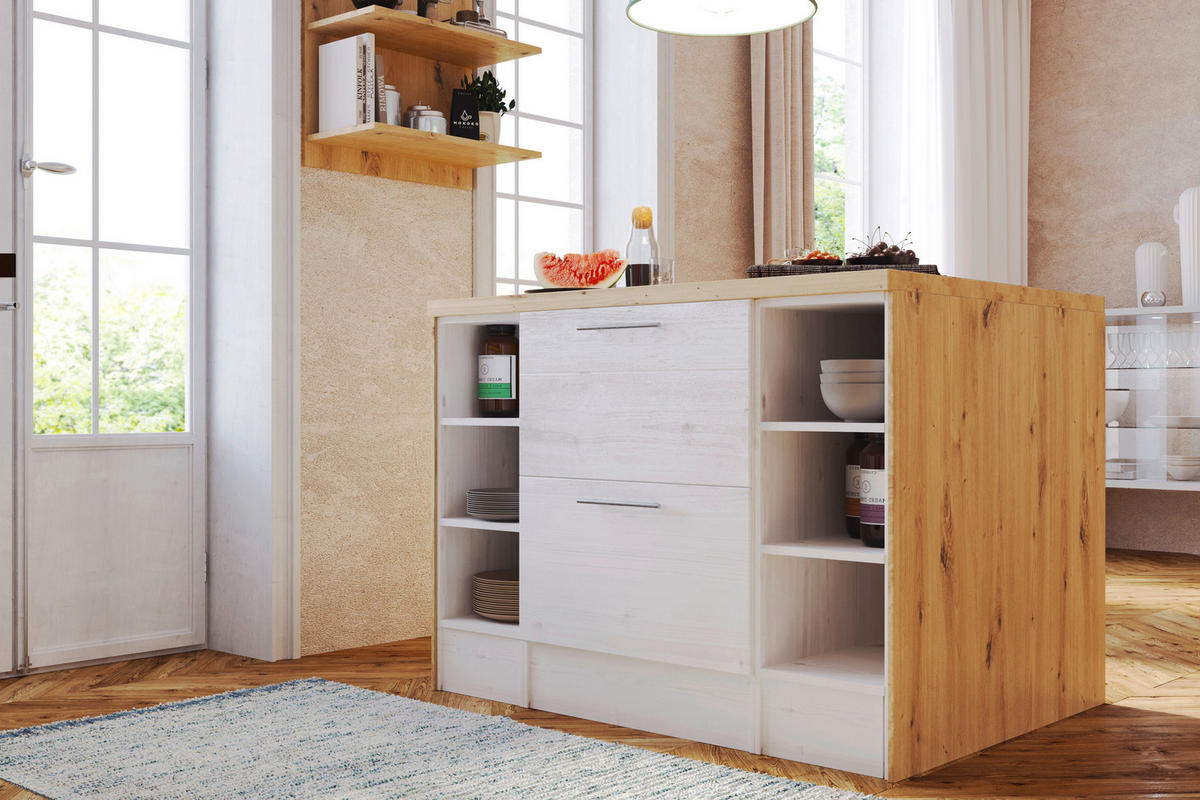 Respekta Inselküche Anton weiß Lärche Nachbildung B/H/T: ca. 310x211x60 cm Anton - Eiche/weiß (310,00/211,00/60,00cm) - Respekta