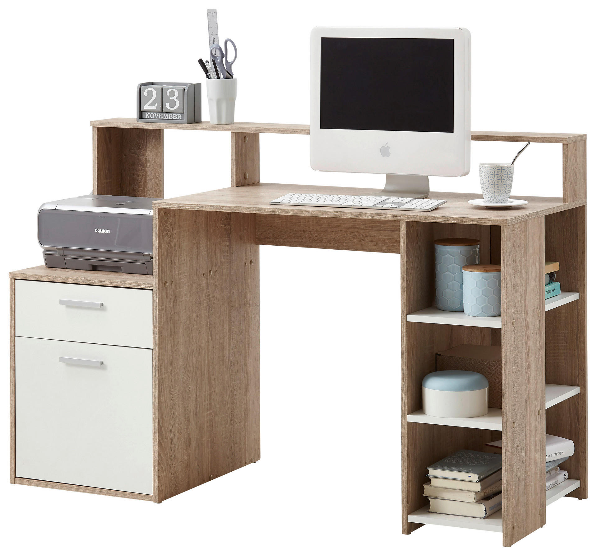 Schreibtisch  Eiche Sonoma Nachbildung weiß B/H/T: ca. 139x92x54 cm Bolton_Schreibtisch 3006-001 - Eiche/weiß (139,00/92,00/54,00cm)