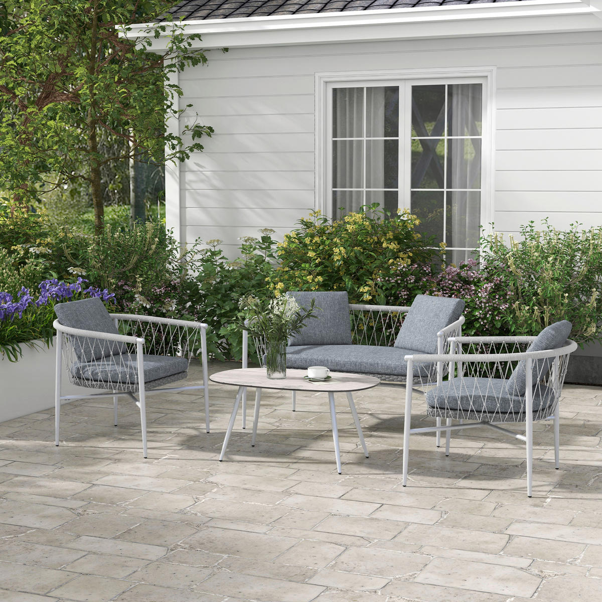 Outsunny Sitzgruppe grau Edelstahl B/H/L: ca. 68x121x67 cm Rattan_Gartenmöbel-Set - grau (67,00/68,00/121,00cm) - Outsunny