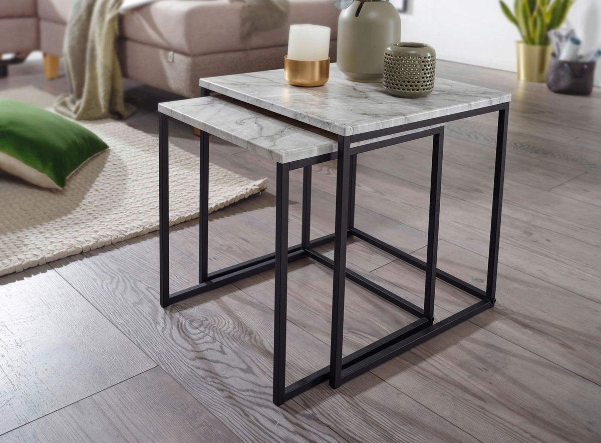 Beistelltisch 2er-Set. weiß Marmor Optik schwarz pulverbeschichtet MDF Stahl 2er-Set. - weiß/schwarz - Wohnling