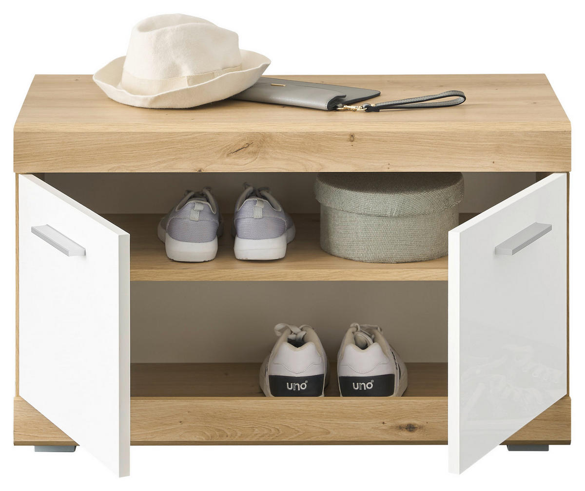 Sitzbank Nola Eiche Artisan Nachbildung weiß Hochglanz B/H/T: ca. 80x49x38 cm Nola - Eiche/weiß (80,00/49,00/38,00cm)