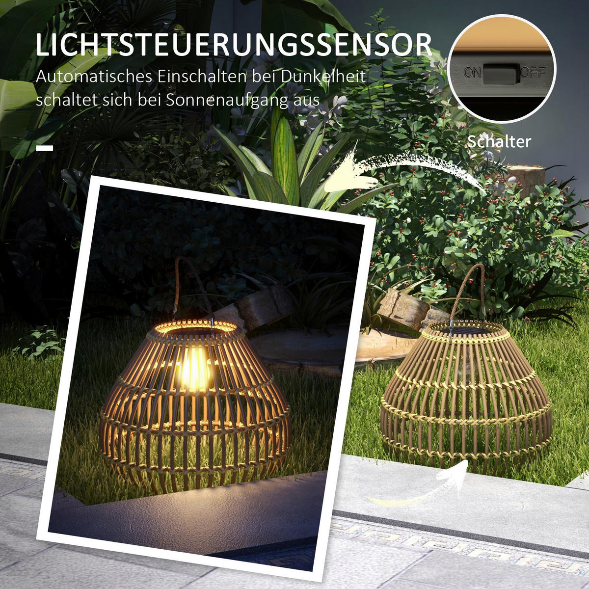 Solarleuchte 867-153V00YL gelb Polyrattan Edelstahl B/H/L: ca. 31x31x32 cm Rattan_Solarleuchte - gelb (32,00/31,00/31,00cm) - Outsunny