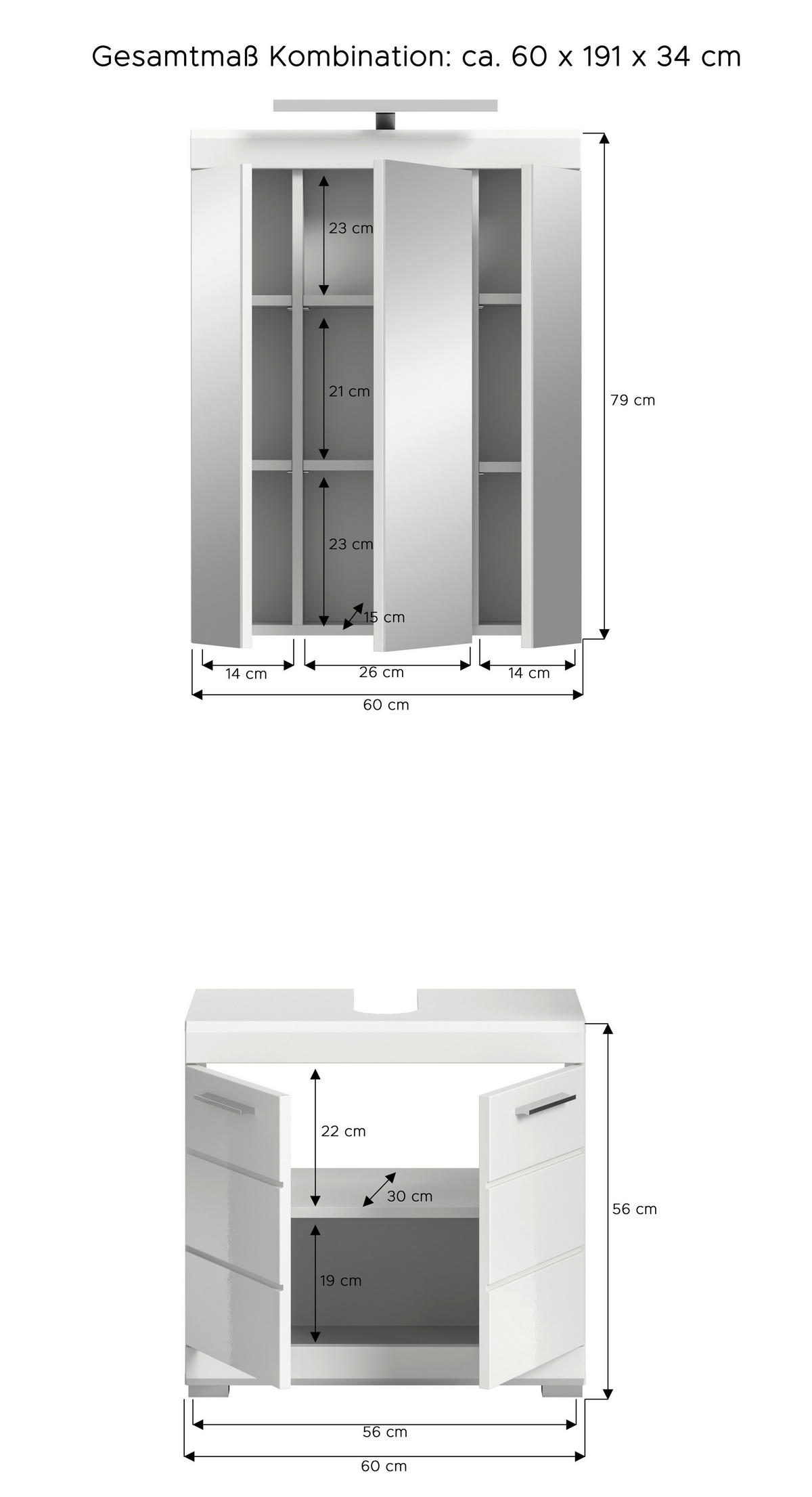 Badezimmer-Set Scout weiß weiß Hochglanz B/H/T: ca. 60x191x34 cm Scout - weiß (60,00/191,00/34,00cm) - xonox.home