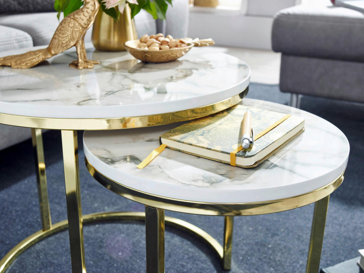 Couchtisch 2er-Set. weiß Marmor Optik gold lackiert 2er-Set. - gold/weiß - Wohnling