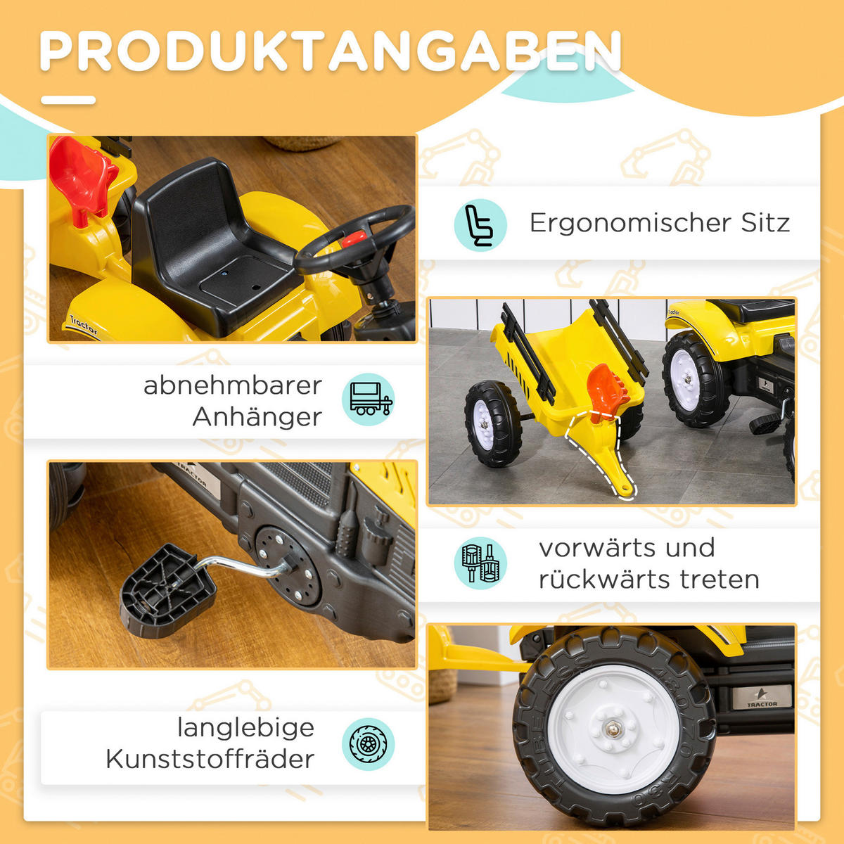 HOMCOM Kinder-Fahrzeug gelb B/H/L: ca. 42x133x51 cm Trettraktor - gelb (51,00/42,00/133,00cm) - HOMCOM