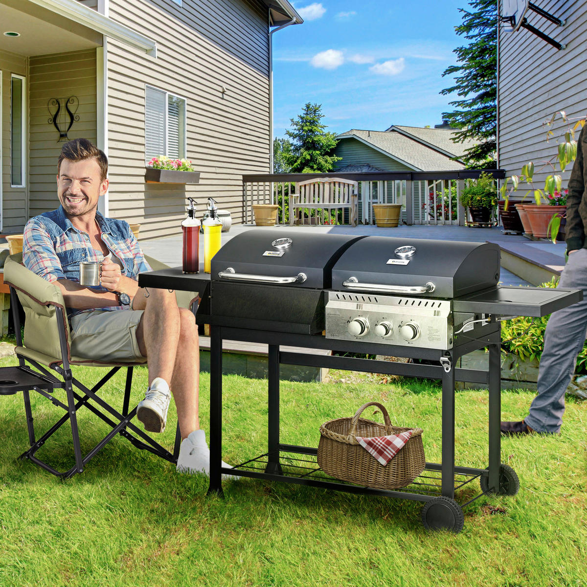 Outsunny Gas-/Kohlegrill Edelstahl B/H/L: ca. 53x101x161 cm Gas-/Kohlegrill - schwarz (161,00/53,00/101,00cm) - Outsunny