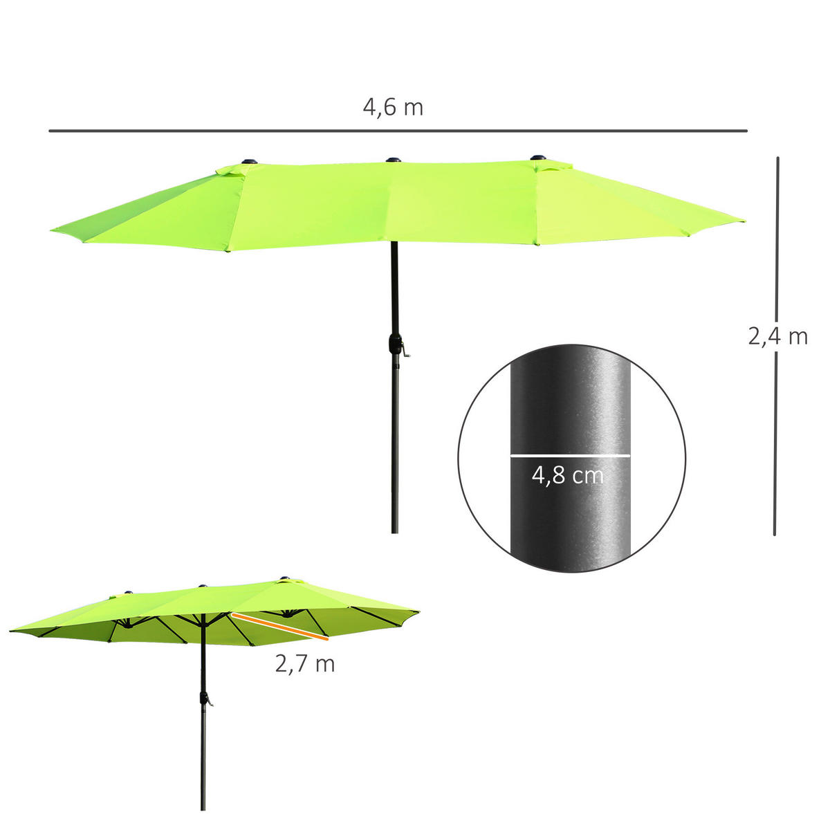Outsunny Sonnenschirm grün Stahl B/H/L: ca. 270x240x460 cm Sonnenschirm - grün (460,00/270,00/240,00cm) - Outsunny