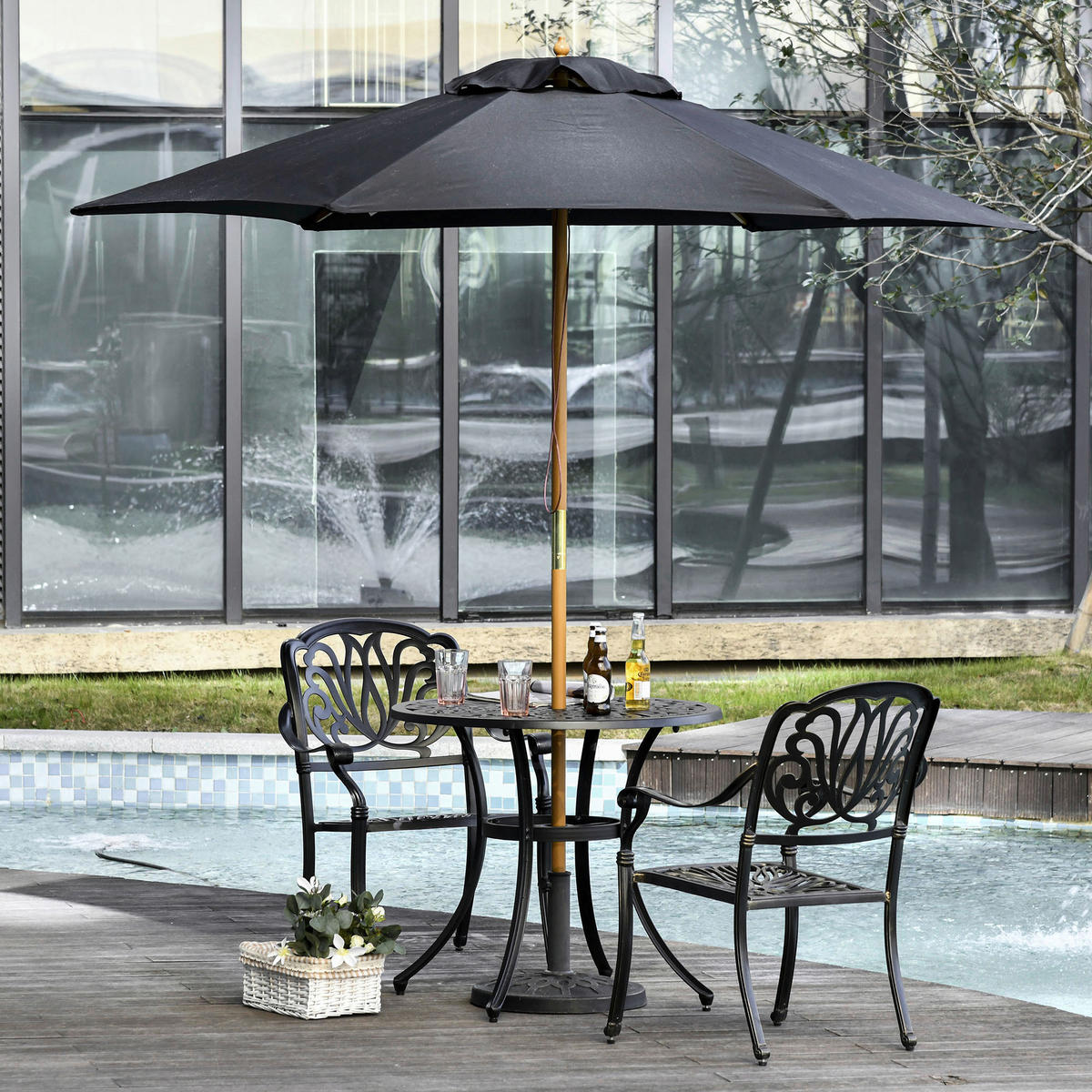Outsunny Sonnenschirm schwarz Bambus H/D: ca. 230x2520 cm Sonnenschirm 3-stufig verstellbar - schwarz (2520,00/230,00cm) - Outsunny