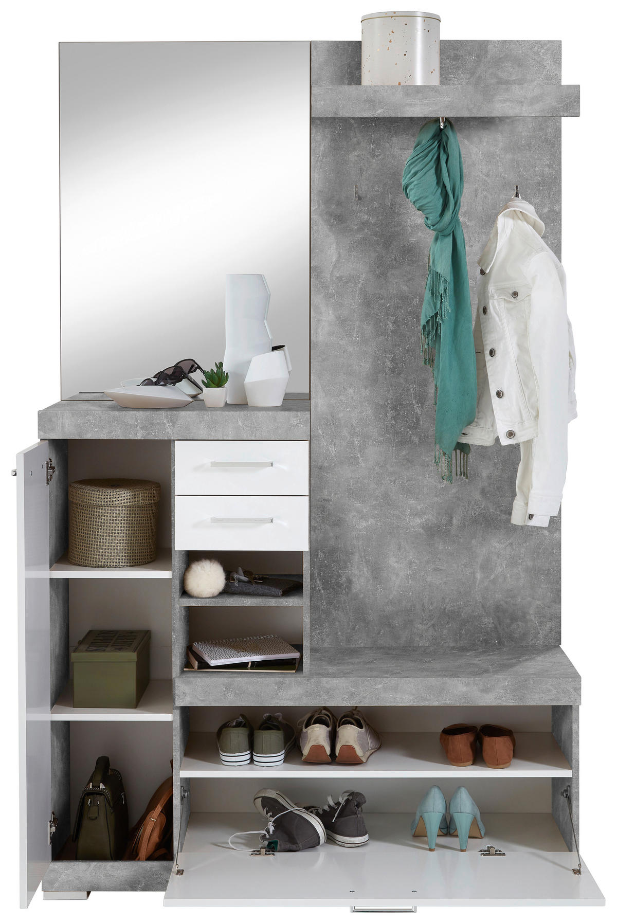 Garderobe  Beton Optik weiß glänzend B/H/T: ca. 120x193,5x35,5 cm Bristol_Kompaktgarderobe 1000 - weiß (120,00/193,50/35,50cm)